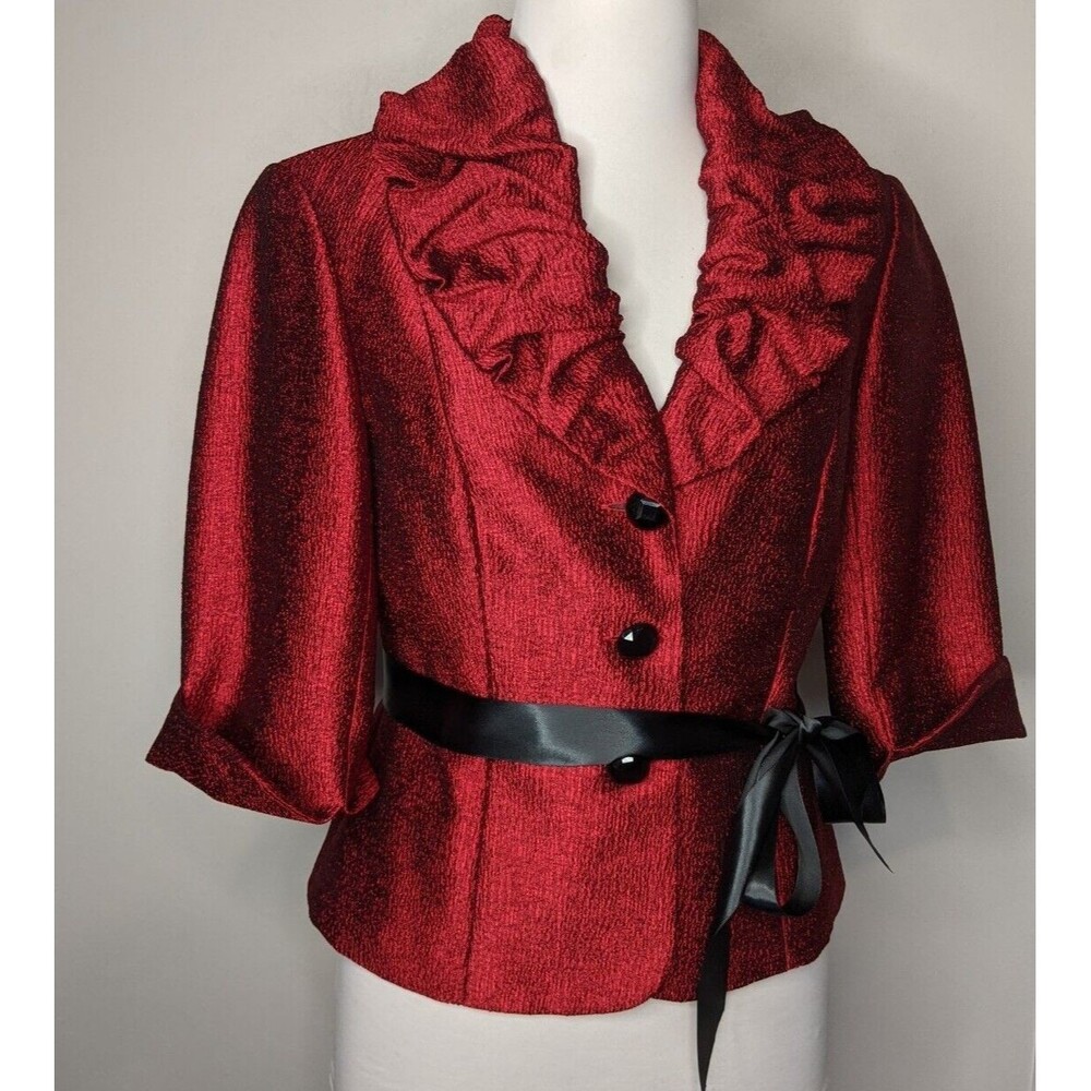 Victor Costa Shimmery Red Black Ruffled Collar Jacket Vintage 90s S 4 Ribbon